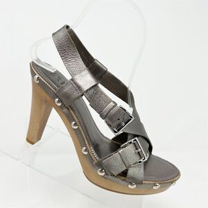 Franco Sarto Strappy Slingback Silver Leather Studded Platform Heels Size 7.5